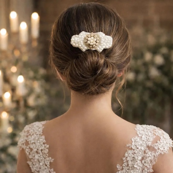 Handcrafted Vintage Faux Pearl White Wedding Barrette Hair Clip